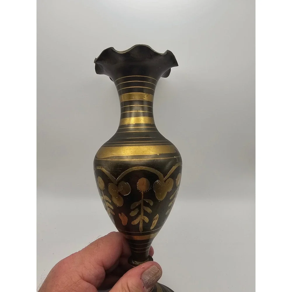 Vintage Etched Brass Vase Black Gold Floral Ruffled Rim Pedestal Base 10.5